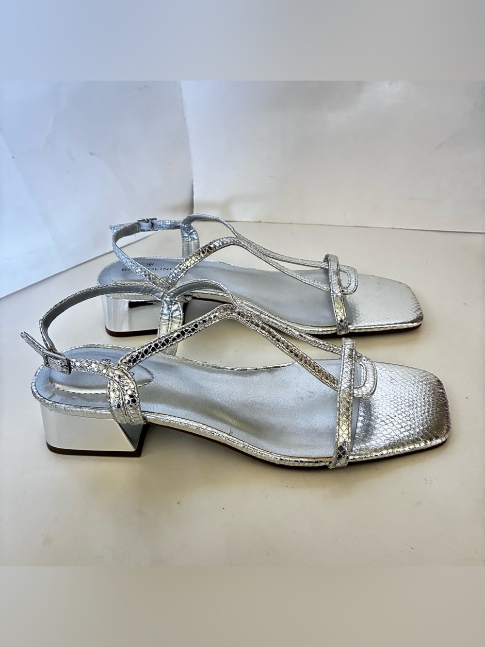 Bandolino Primadon Silver Metallic  snake-embossed Strappy Block Heel Sandals 11